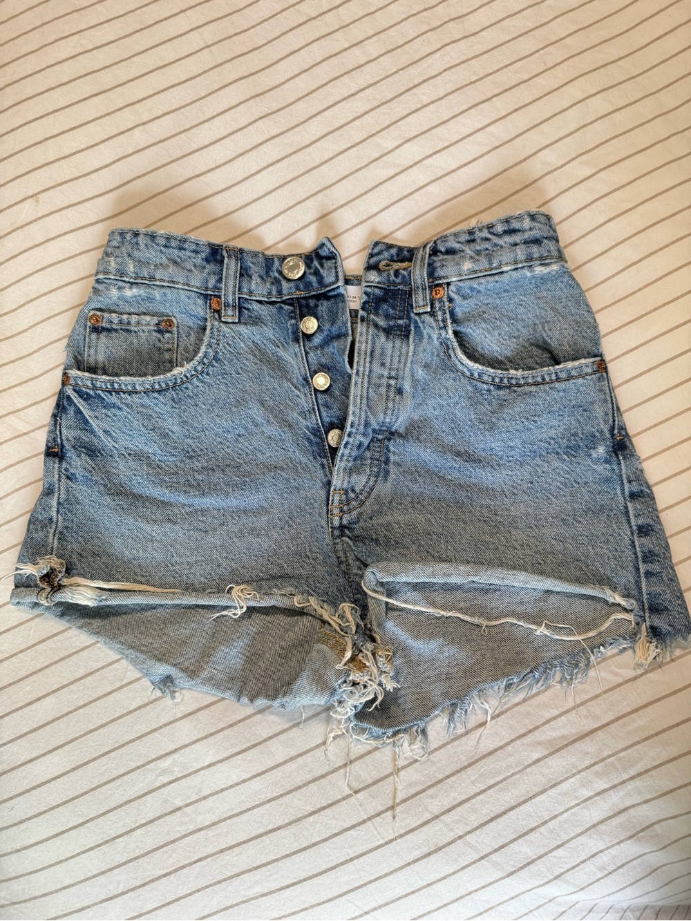 Zara Light Blue Distressed Button-Fly Denim Shorts